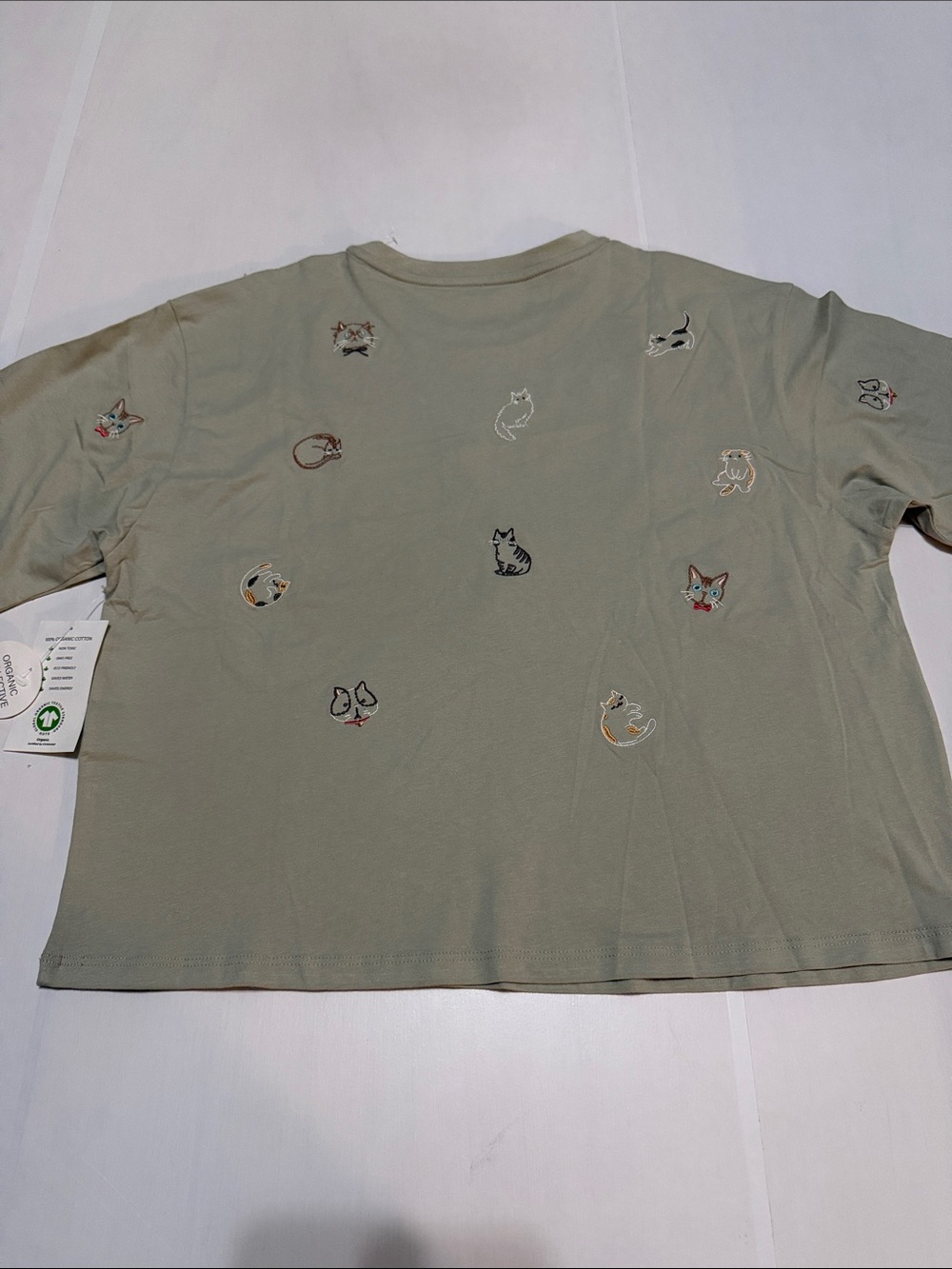 Organic Collective Embroidered Cat Cotton Tee in Sage Green XL NWT - Picture 6 of 8